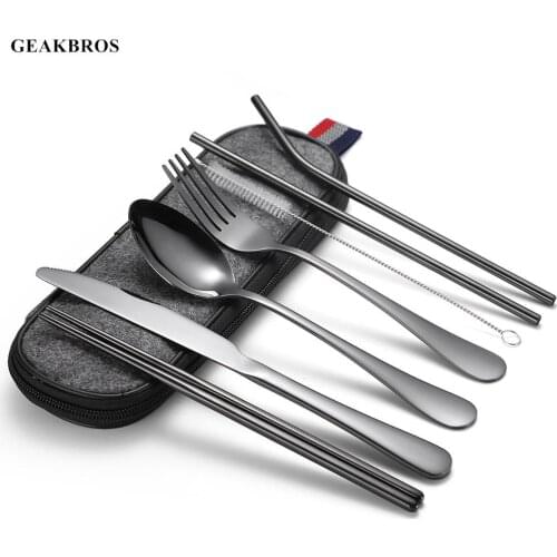 7pcs/set Portable Utensils Tableware Stainless Steel Reusable Fork Spoon Flatware Outdoor Sports Camping Picnic Travel Cutlery