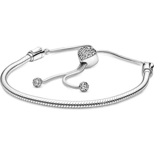Bewill Original 925 Sterling Silver Moments Pave Heart Bracelets Clasp Sliding Adjust Snake Chain Bracelet Charm Beads Jewelry