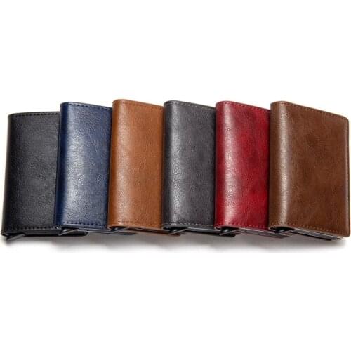 BISI GORO Antitheft Wallet Card Holder Hasp RFID Wallet Aluminum Unisex Metal High Quality Crazy Horse PU Leather Card Wallet