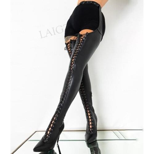 DOBANER Women Over Knee Boots Chap Faux Leather Heels Thigh High Ladies Donne Stivali Lace Up Shoes Woman Big Size 42 43 45 47