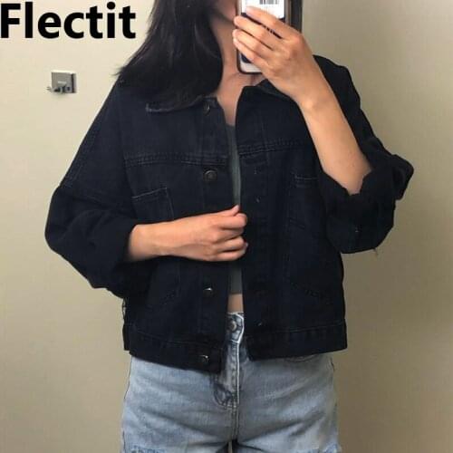 Flectit Cropped Denim Jacket Oversize Collared Long Sleeve Button-up Womens Jackets Jean Coats Casual Outerwear