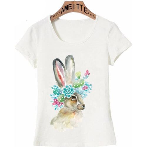 Cactus Art Naughty Clever Bunny Watercolor Print T-Shirt Summer Fashion Women T-Shirts Hipster Woman Casual Tops Cute Girl Tees