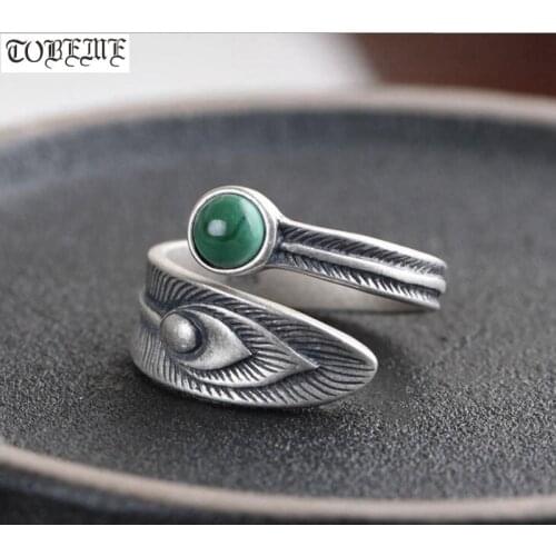 100% 925 Silver Women Ring Real Malachite Ring Vintage Sterling Silver Feather Female Ring Resizable