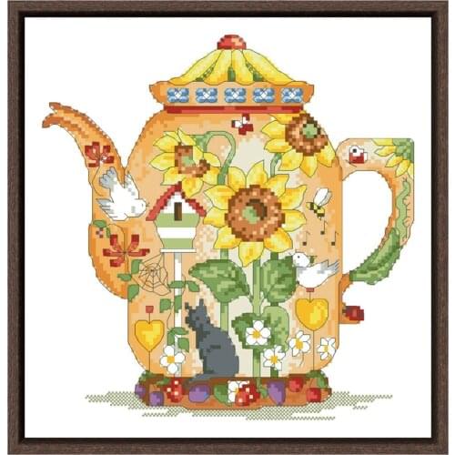 Sunflower teapot cross stitch kit flower aida fabric 18ct 14ct 11ct unprint canvas cotton thread embroidery kits DIY