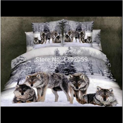 Free Shipping 3D 100% Cotton Snow Wolf Tree Animal 4Pcs Bedding Set---King Queen / Free Shipping