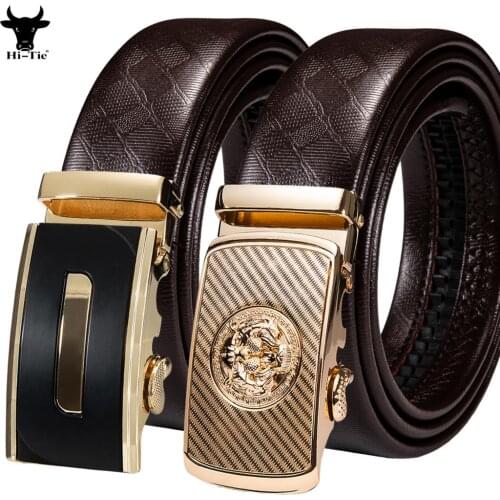 Brown Genuine Leather Mens Belts Gold Black Automatic Buckle Ratchet High Quality Waist Strap for Dress Jeans Sliding Button XL