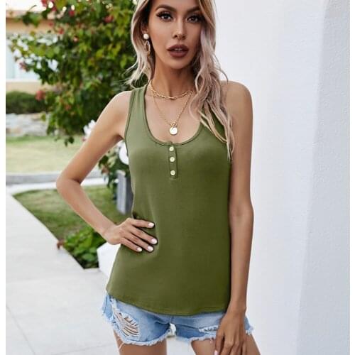 Women Sexy Low Cut U Neck Basic Tank Tops Spring Summer Sleeveless Button Henley Shirts Comfortable Slim Fit Plain Color Vest