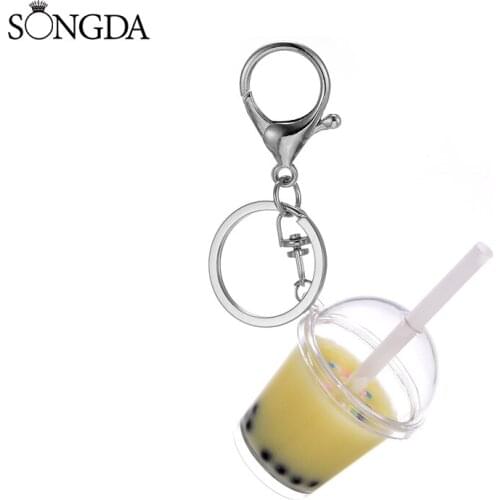 Cute 3D Simulation Milk Tea Cup Pendant Keychain Creative DIY Drink Bottle Food Shape Acrylic Key Ring Women Girl Accessories
