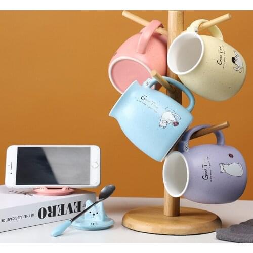 Genuine ins cute ceramic cat mug with mobile phone holder spoon lid 500ml can be used for coffee cups, milk cups, etc