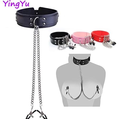 Faux Leather Choker Collar with Nipple Breast Clamp Clip Chain Couple Funny and interesting Adult games SM Sex Toys for woman