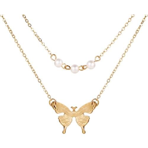 Trendy New Butterfly Pearl Double Layer Necklace Pendant Women Fashion Gold Color Exquisite Clavicle Necklaces Collares Jewelry