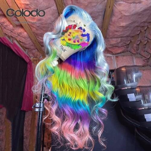 Rainbow Color Human Hair Wigs Pre Plucked Purple Pink Blue Loose Wave Lace Front Wig with Baby Hair Transparent Lace Wigs COLODO