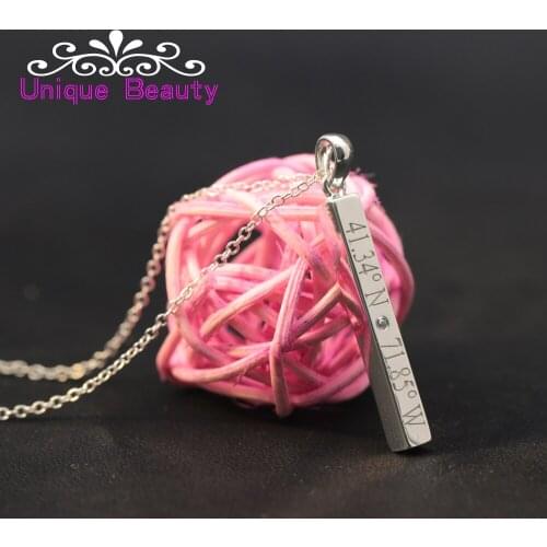 Personalized Vertical Bar Necklace Engraved Latitude Longitude 925 Silver Necklace Zircon Stone Custom Location Gift