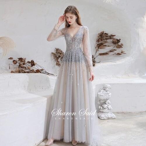 Luxury Dubai Long Sleeeve Evening Dress 2021 Sexy V-Neck Backless Silver Beaded Crystal Formal Dresses for Women Wedding Party