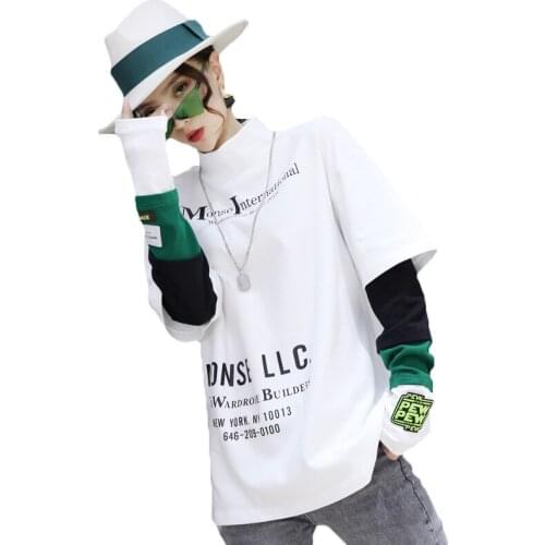 2021 Fashion Turtleneck Shirt Womens Spring Autumn Standing Collar Long-sleeved T-shirt Loose Fake Two-piece Top 36B