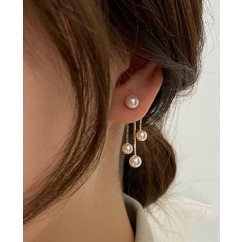 Korean Gold Three Crystal Dangle Earrings for Women Chic Back Hanging Pearl Earrings Long Tassel Drop Earring Jewelry