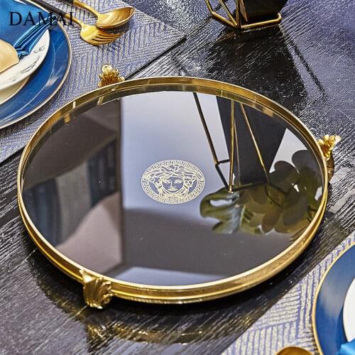Gold Inlay Glass Storage Tray Decorative Golden Copper Base Jewelry Display Plate Restaurant Serving Tray Living Room Decoration