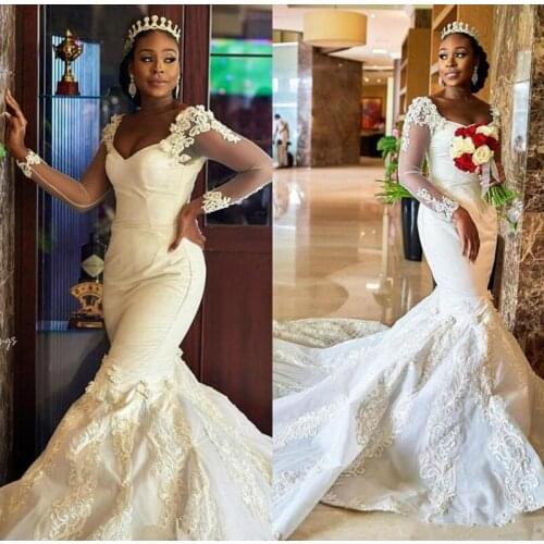 African Mermaid Plus Size Wedding Dresses V Neck Bridal Dress Long Sleeves Vintage Sexy Court Train Wedding Gowns