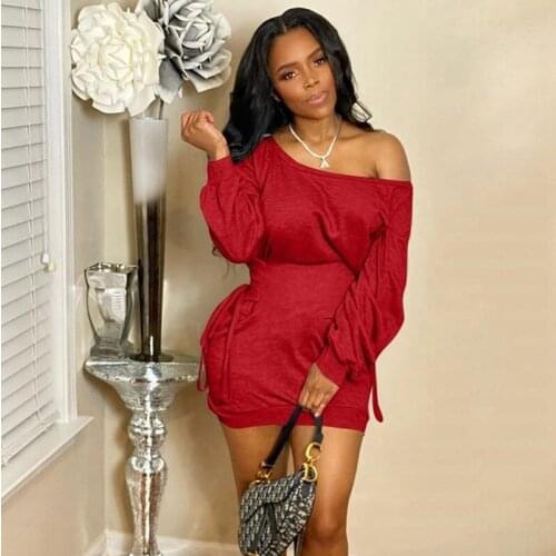 Streetwear Elegant Christmas Dress Women Clothes Skew Collar Lantern Sleeve Short Mini Dress Lace-up Long Sleeve Dress Vestidos