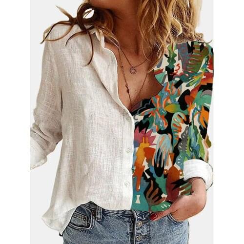 Women Lapel Button Shirt Long Sleeve Loose Casual Top Half Colorful Personalized Printing Funny Girl Fashion All-match T-Shirt