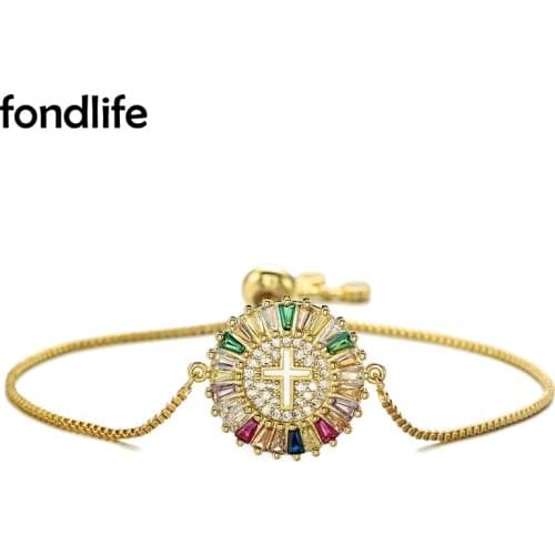 AAA Multicolor Rainbow Cubic Zirconia Crystal Religion Cross Bracelet Women New Fashion Round Charm Christian Faith Jewelry Her