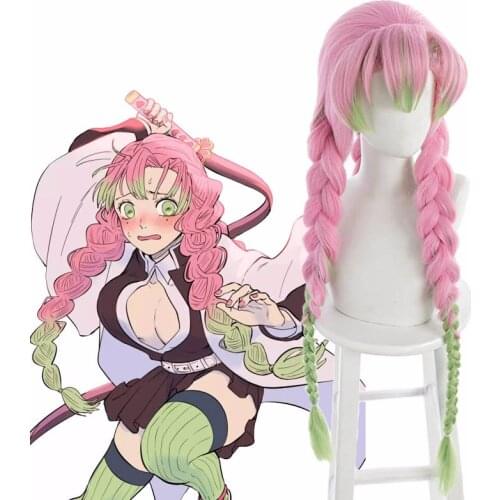 Kanroji Mitsuri Wig Demon Slayer: Kimetsu No Yaiba Cosplay Women Pink Gradient Green Three Braids Ponytail Wig Accessories