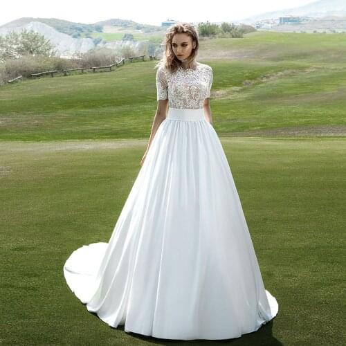 Vestidos De Novia Short Sleeve Buttons Up Back Pearls Appliques Lace See Through White Satin Bridal Wedding Dresses