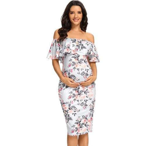 Womens Elegant Floral Ruffle Off Shoulder Maternity Dress Sleeveless Pregnancy Clothes Fitted Bodycon Dress for Baby Shower