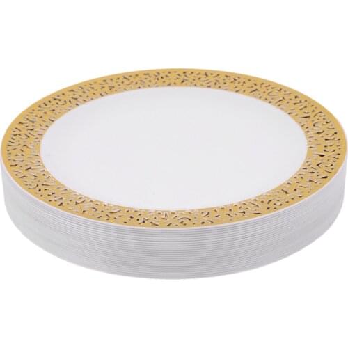 Gold Disposable Plastic Plates -Lace Design Wedding Party Plastic Plates,Gold Lace Plates Salad/Dessert Plates 25Pack