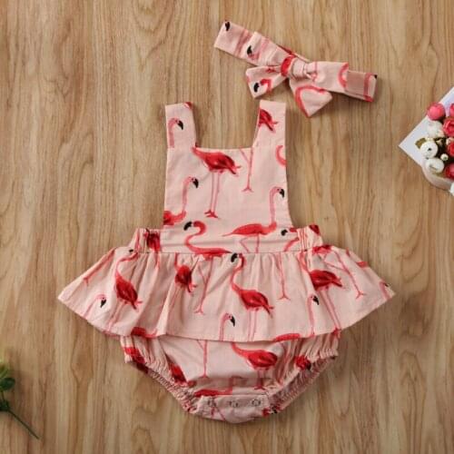 2PCS Newborn Baby Girl Clothes Print Cotton Jumpsuit Bodysuit Outfit Ruffled Flamingo Sunsuit