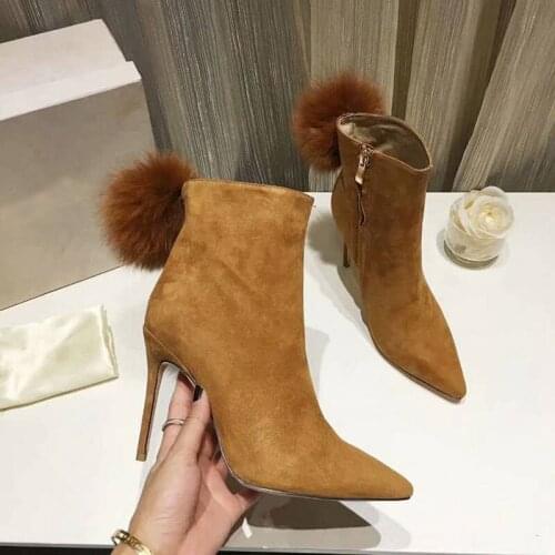 2019 New Fashion Luxury Boots Women Designers Kid Suede Zip Pointed Toe Thin Heels Super High (8cm-up) Ankle Women Boots