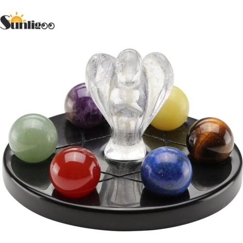 Sunligoo 7 Chakra Healing Crystals Balls Natural Stones Angel Figurines Reiki Tumbled Stones Set Decor With Black Obsidian Stand