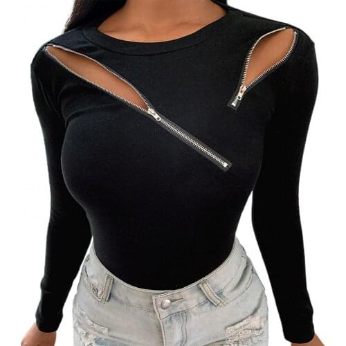 Fashion Women Sexy Strapless Slim Long Sleeve O Neck Zipper Blouse Top T-Shirt Black Ladies Slim T Shirt Tees Female Clothing