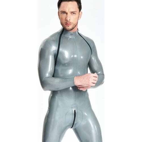 Natural Latex Male Shoulder-Zip Catsuit Double-Diagonal Zipper Rubber Bodysuits