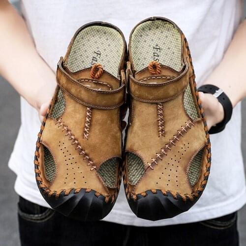 BomKinta Big Size Vintage Leather Sandals Men Brand Designer Outdoor Slippers Men High Quality Male Slides Soft Sandalias Hombre