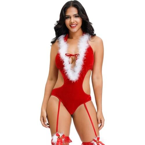 One Piece Christmas Bodysuit Women Red Feather Patchwork Body Mujer Backless Sex Bodys for Women With Hat S9061