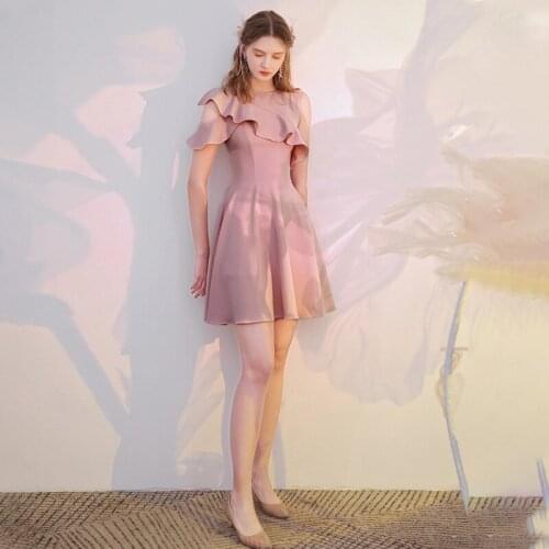 Bridesmaids Dresses Vintage O-Neck Short Off The Shoulder Knee-Length A-Line Luxury Soybean Pink Women Wedding Party Gown E737