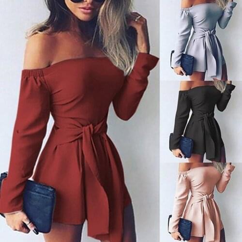 Elegant Party Clothes Strapless Jumpsuit Women Long Sleeve Off Shoulder Playsuit Back Zip Plain Romper Bandage 2020 Solid Color