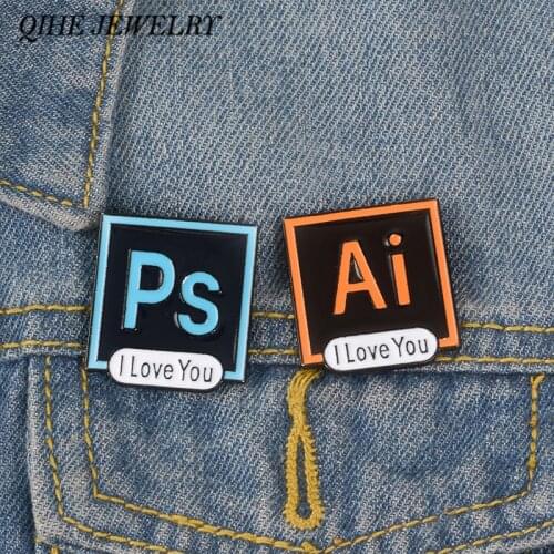 QIHE JEWELRY Illustrator Photoshop Pins I Love You Brooch Toolbar Lapel Pin AI PS Enamel Pins Brooches for Designers and Artists