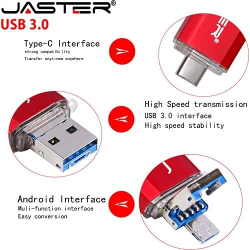 JASTER New 3 IN 1 OTG (Android&USB & Type_C) USB 3.0 flash drive Metal Custom Pen Drive 64GB 32GB 16GB 8GB 4GB Wedding Gifts
