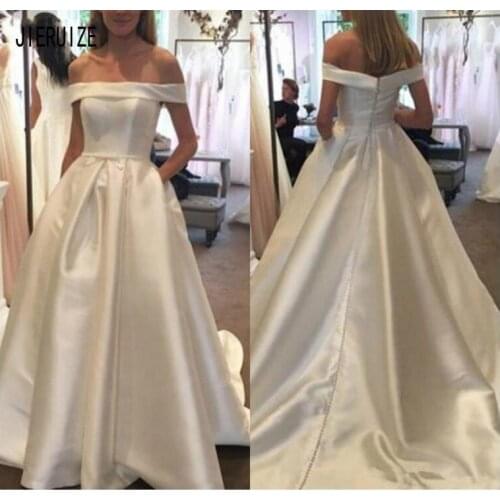 JIERUIZE Satin Wedding Gowns A Line Boat Neck White Ivory Zipper Back with Pocket Bridal Dress Vestido De Noiva
