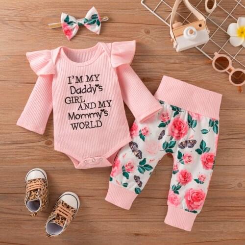 3pcs/set Newborn Baby Girls Clothes Ruffle Ribbed Romper +Floral Pants +Headband Winter Outfits Girl Clothing 6 12 18 24 Months