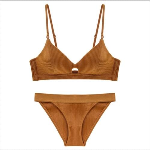 Sexy Underwear Cotton Set Screw Thread Thin Wireless Bra With Removable Straps Padded Girls Bra Thong Set Lingerie Women