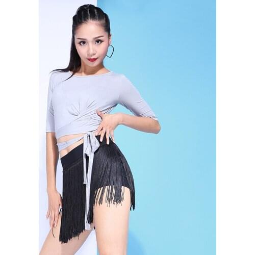 Latin Dance Practice Clothes For Women Adult Female Middle-Sleeve Tops Tassel Skirt Two Piece Suit Training Dance Costumes VO691