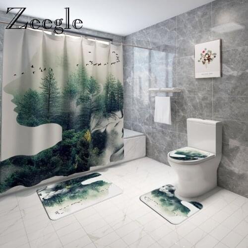 Nordic Style Bath Mat and Shower Curtain Set for Bathroom HomeDecoration Carpet Set MemoryFoam Toilet Rug Waterproof Foot Mat