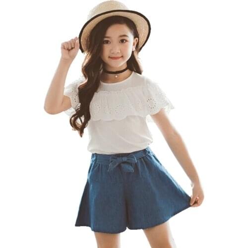 Girls Summer Sets Lace White Ruffles Hollow Out Blouse + Denim Skirt pants Two-Piece Suits Casual Tracksuits For Children