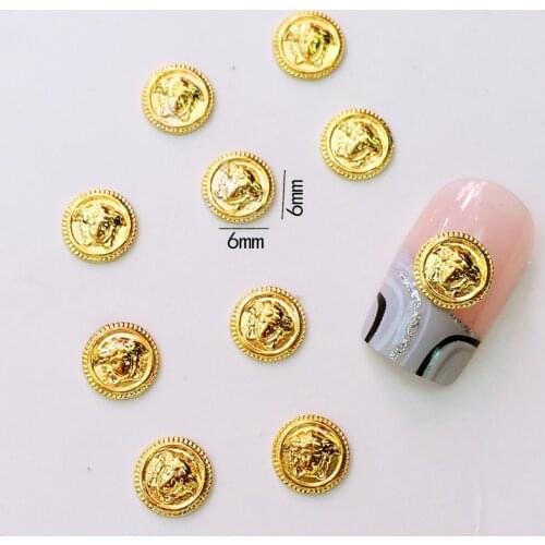 50pcs/pack Japan Korea Alloy Nail Art 3D Gold Coin with Portrait Metal Accessorie Collection for Phototherapy Nail Sticker DIY
