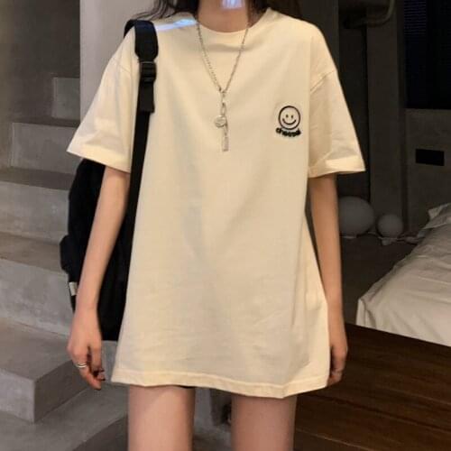 2021 summer new round neck small smiley face print cute short-sleeved T-shirt top loose and thin T-shirt college style