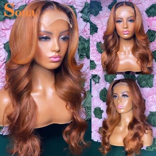 Blond Ombre Lace Front Human Hair Wig Blonde Brown Highlight Wigs 180% Brazilian Remy Wavy Lace Frontal Wigs with Dark Roots