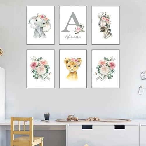 Personalized Initial Custom Name Poster Elephant Nursery Canvas Paintings Flower Wall Art Print Pictures Baby Girl Room Decor